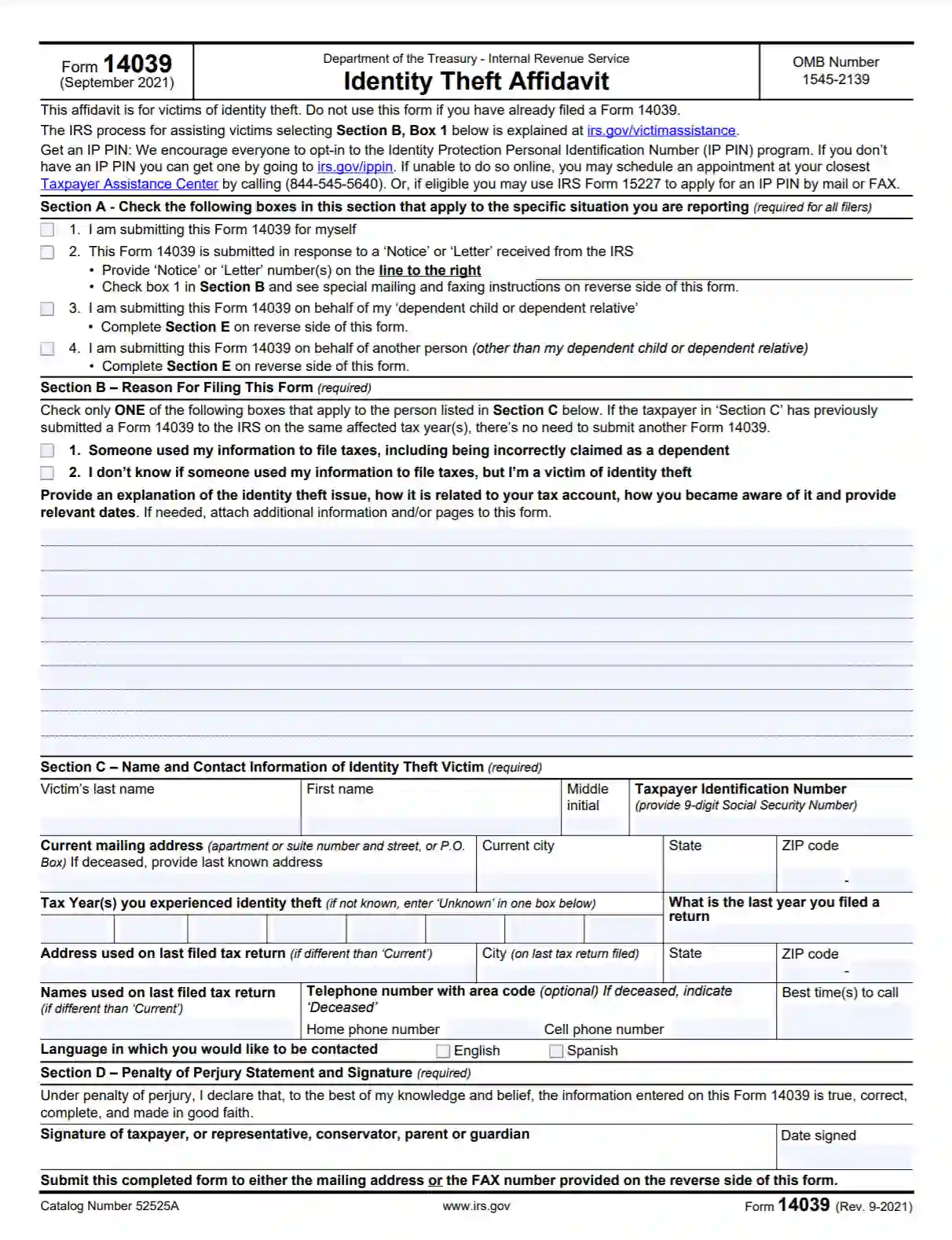 IRS Form 14039 Fill Out Printable Identity Theft Affidavit