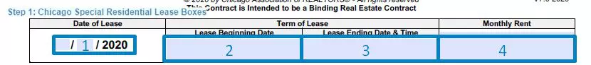 Step 1 to filling out a chicago special residential lease - boxes