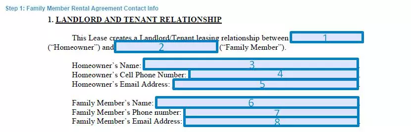 Step 1 to filling out a family member rental agreement contact info