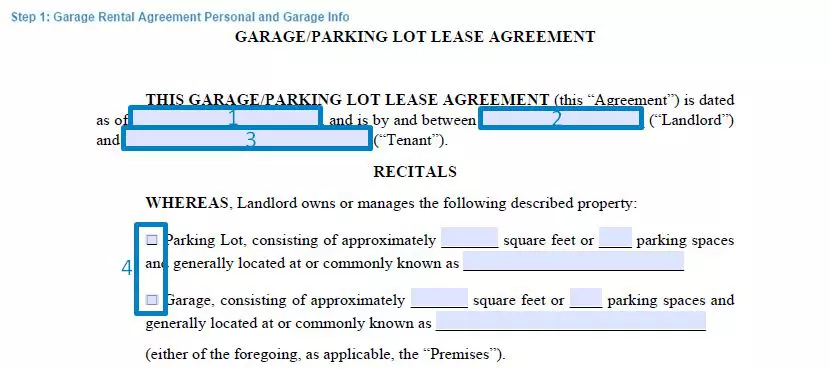 Step 1 to filling out a garage rental agreement personal and garage info