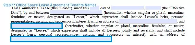 Step 1 to filling out an office space lease agreement - tenants names
