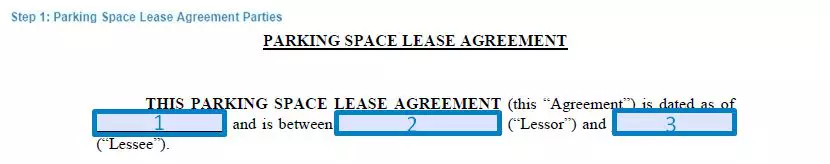 Step 1 to filling out a parking space lease agreement parties