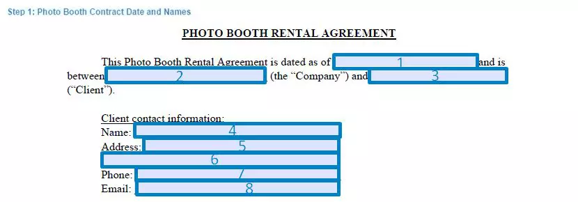 Step 1 to filling out a photo booth contract date and names