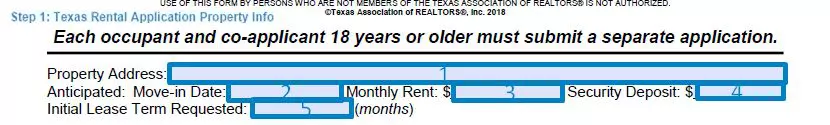 Step 1 to filling out a texas rental application property info