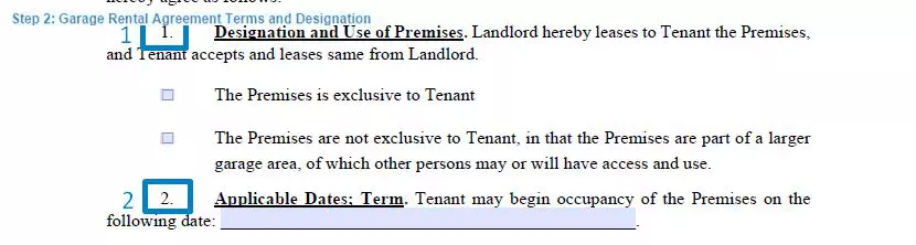 Step 2 to filling out a garage rental agreement template - terms and designation