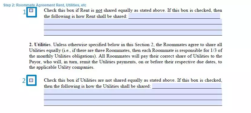 Step 2 to filling out a roommate agreement form - rent, utilities, etc