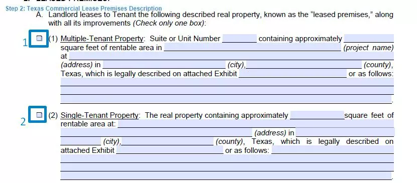 Step 2 to filling out a texas commercial lease template premises description