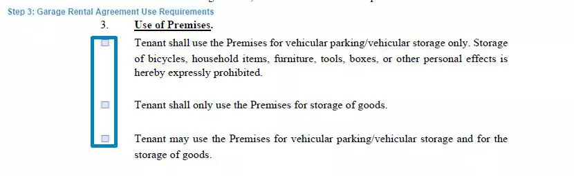 Step 3 to filling out a garage rental agreement sample - use requirements