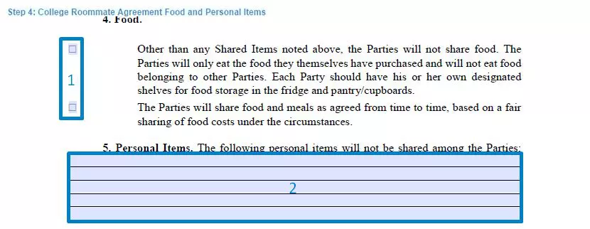 Step 4 to filling out a college roommate agreement sample food and personal items
