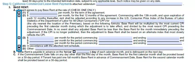 Step 5 to filling out a california commercial lease template - rent payment
