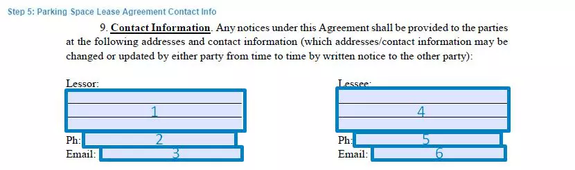 Step 5 to filling out a parking space lease agreement template - contact info