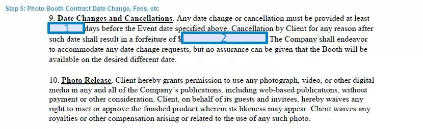 Step 5 to filling out a photo booth contract form - date change fees etc