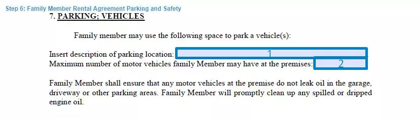 Step 6 to filling out a family member blank rental agreement - parking and safety