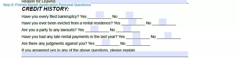 Step 6 to filling out a florida rental application example - personal questions