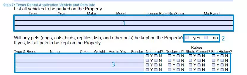 Step 7 to filling out a texas rental application sample - vehicle and pets info