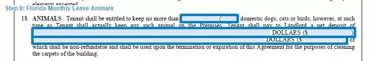 Step 8 to filling out a florida monthly lease template animals