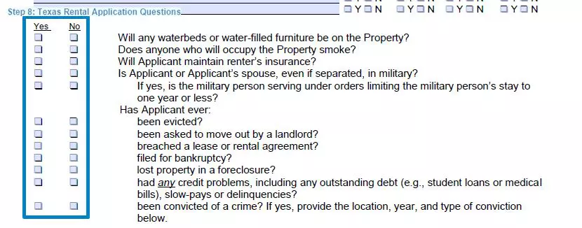 Step 8 to filling out a texas blank rental application questions