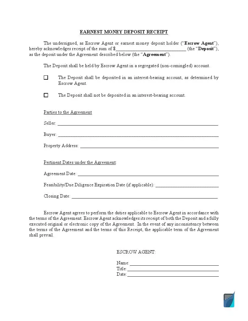 Free Printable Earnest Money Agreement Template