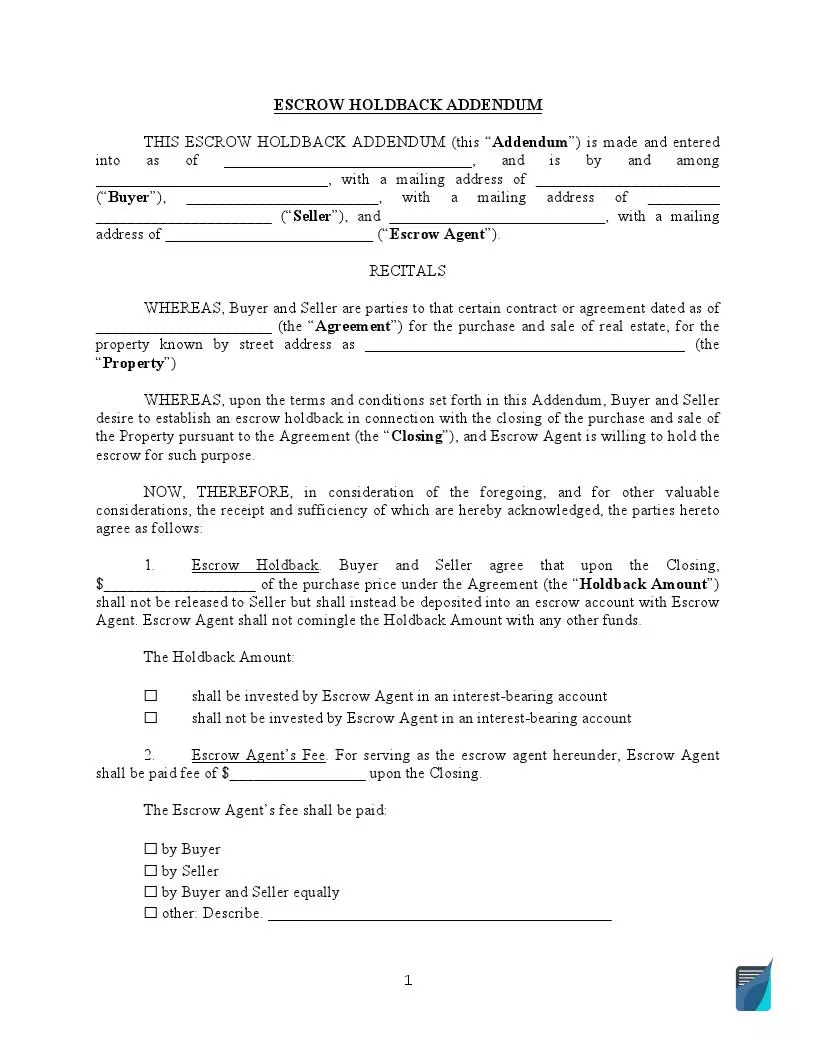 Free Repair (Holdback) Escrow Agreement Form