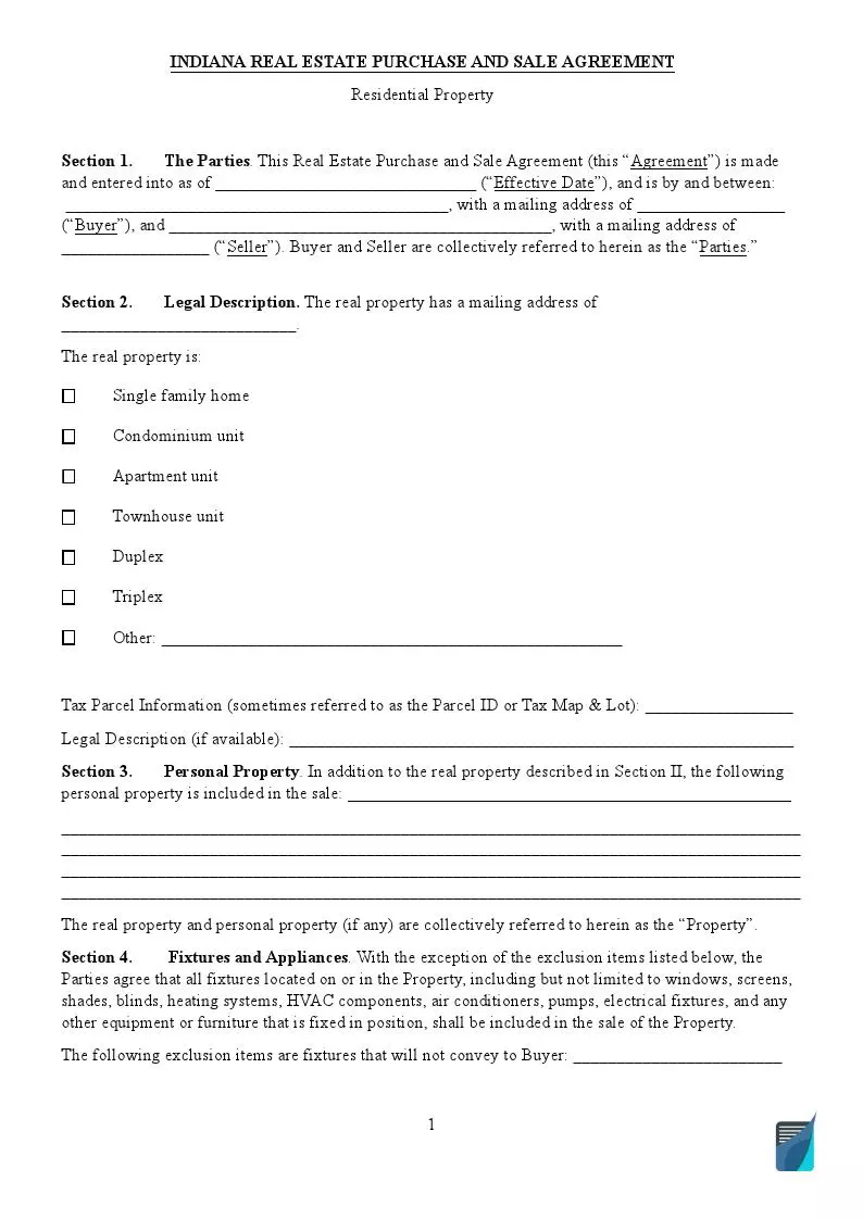 Indiana Real Estate Purchase and Sale Contract Form