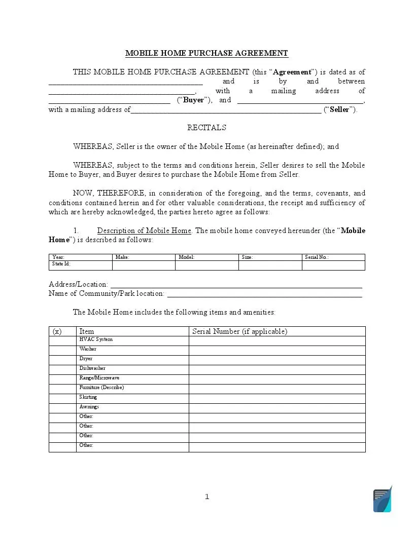 mobile home purchase and sale agreement form