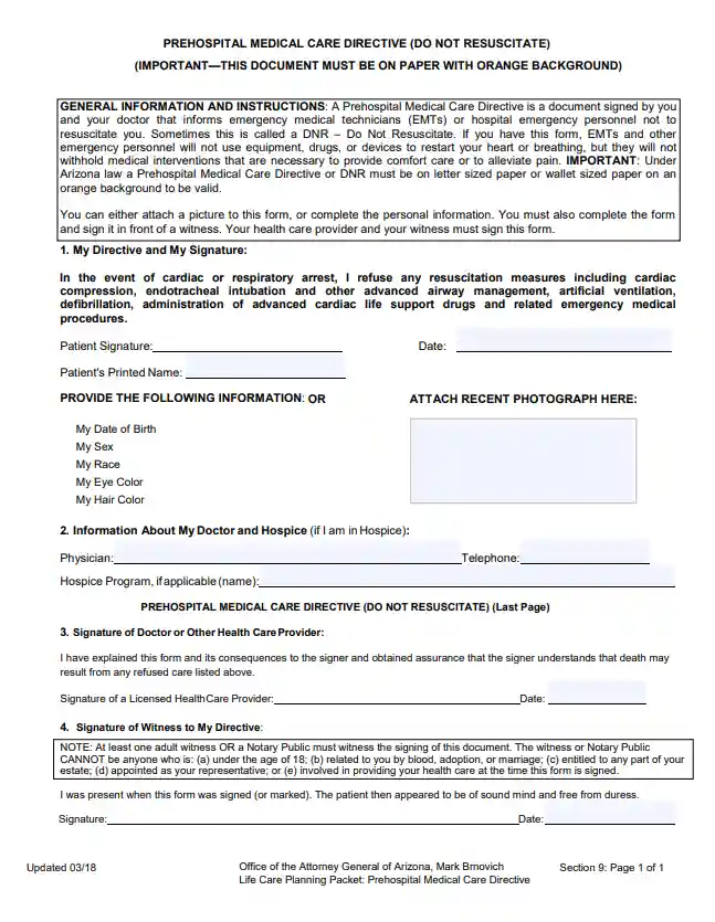 Arizona DNR Form AZ Do Not Resuscitate Order Template