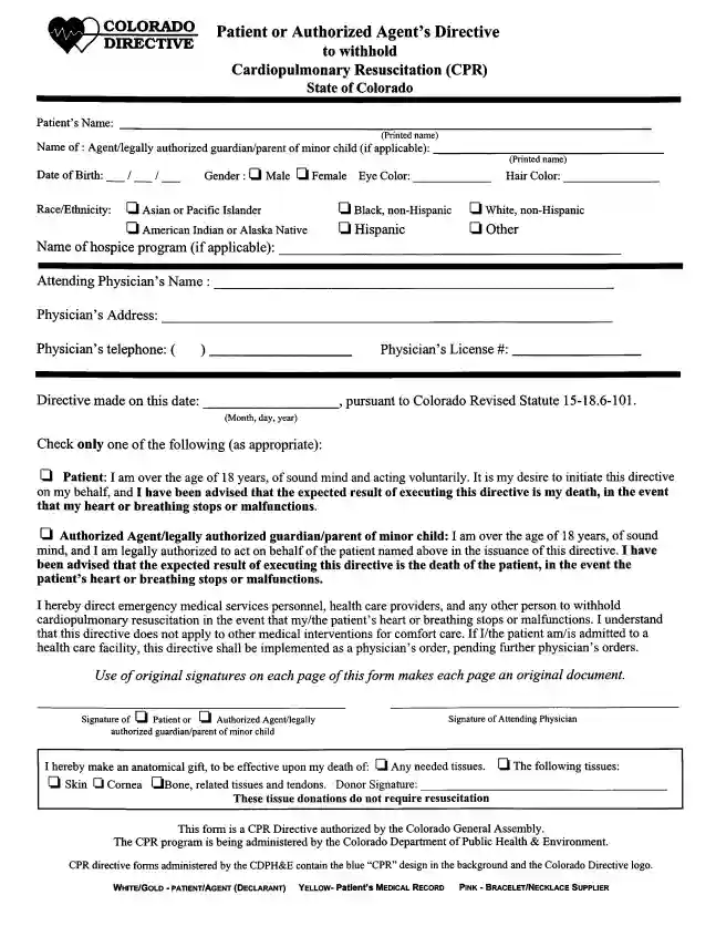 Colorado DNR Form CO Do Not Resuscitate Order Template