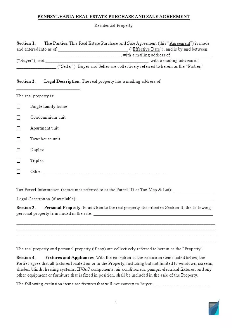 pennsylvania real estate purchase agreement - residential form