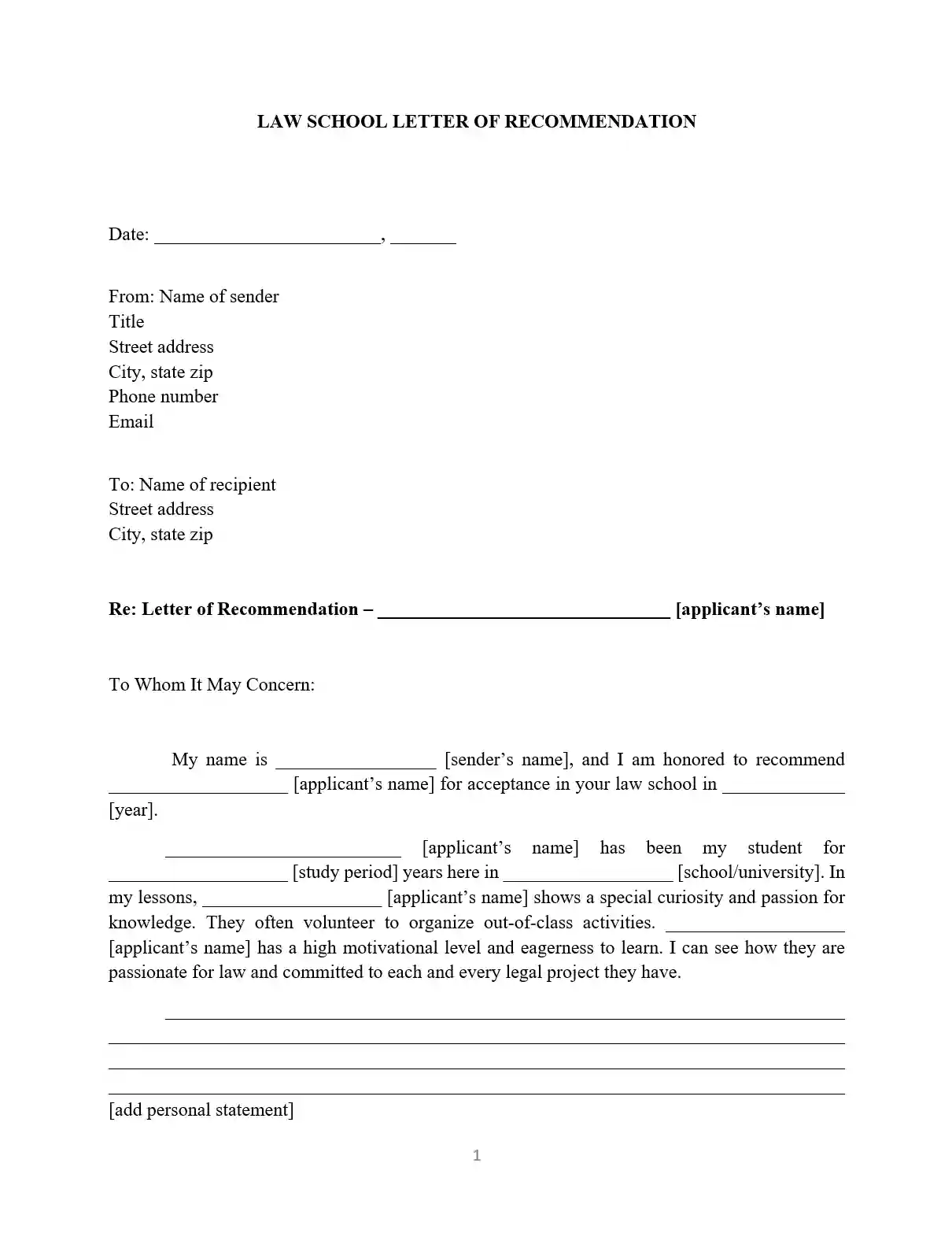 recommendation letter - law school