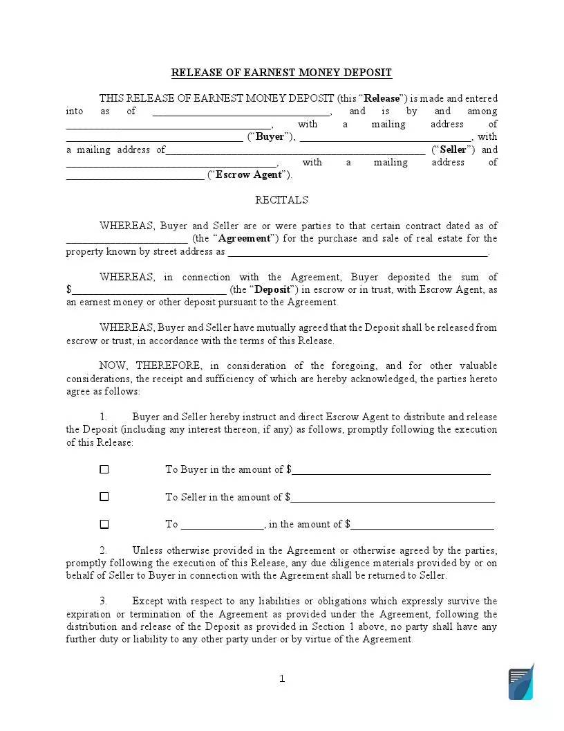 release of earnest money deposit form