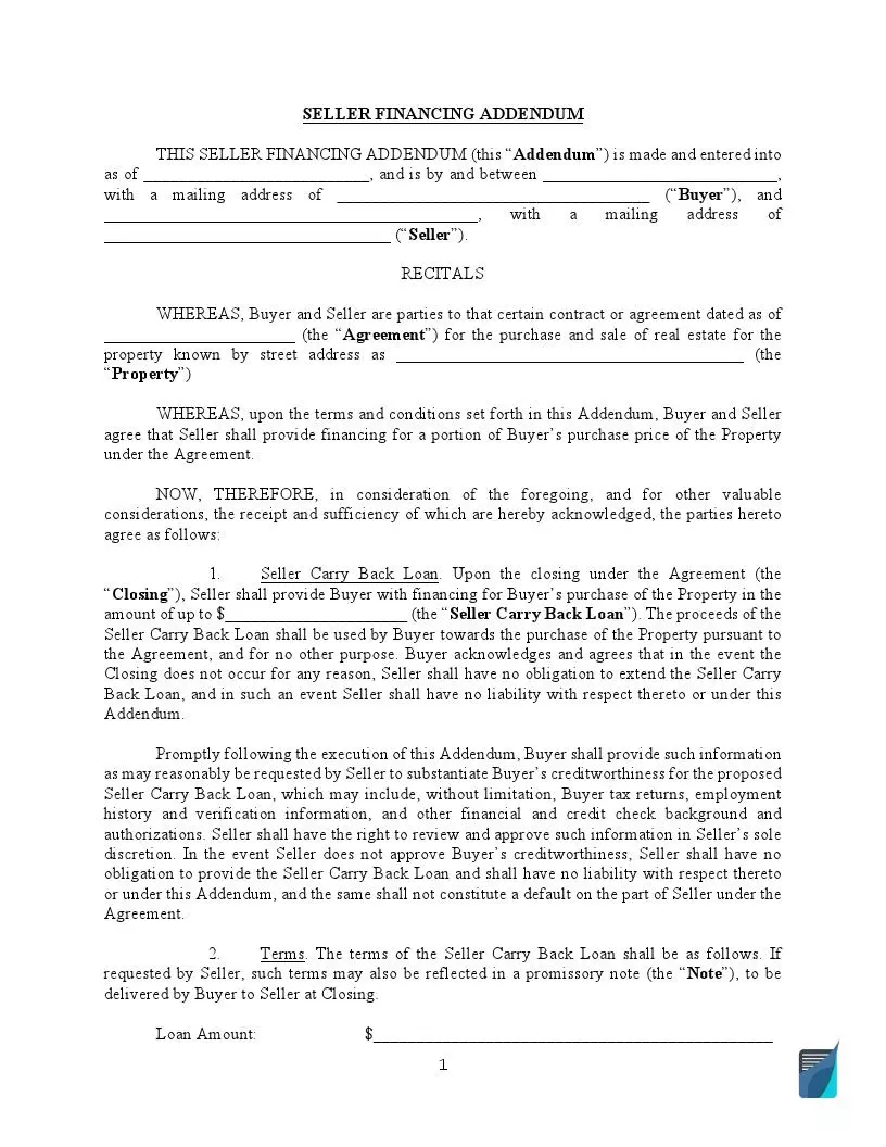 Owner Seller Financing Contract Template Addendum PDF 
