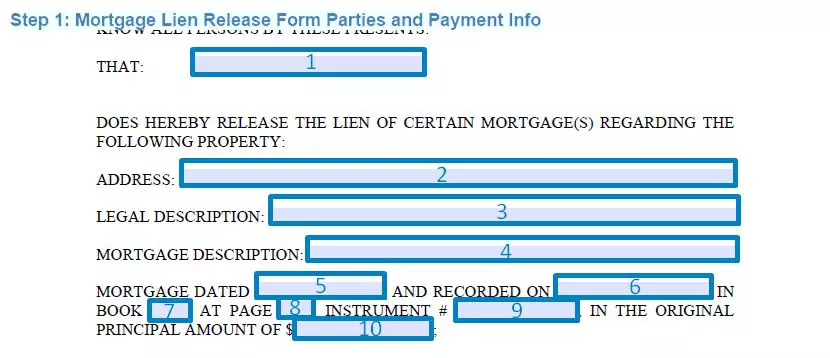 Step 1 to filling out a mortgage lien release form parties and payment info