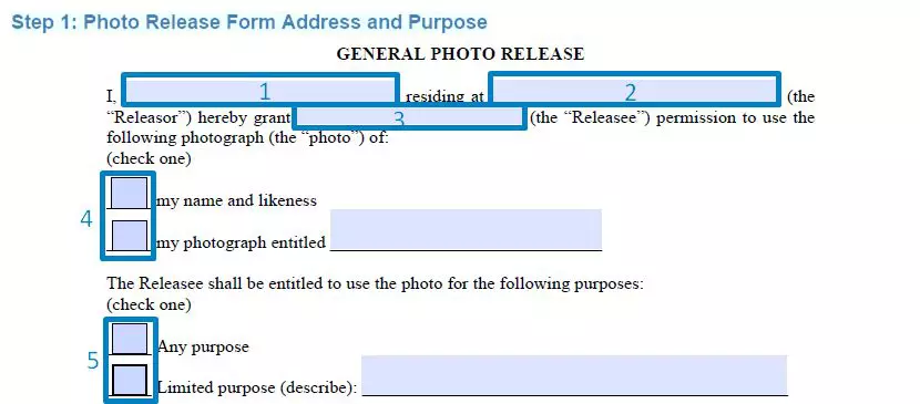 Step 1 to filling out a photo release form - address and purpose