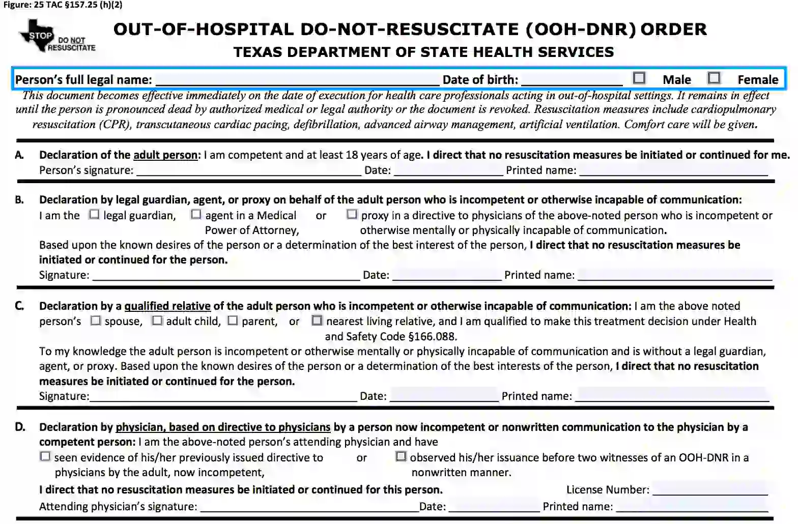 Texas DNR Form TX Do Not Resuscitate Order Template