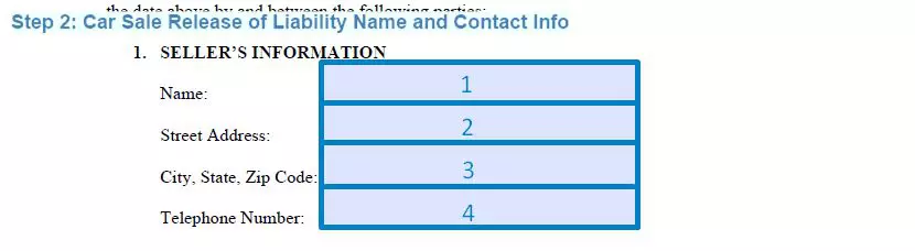 Step 2 to filling out a car sale release of liability name and contact details