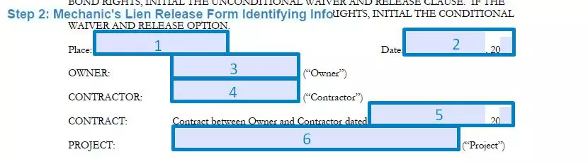 Step 2 to filling out a mechanics lien release form identifying info