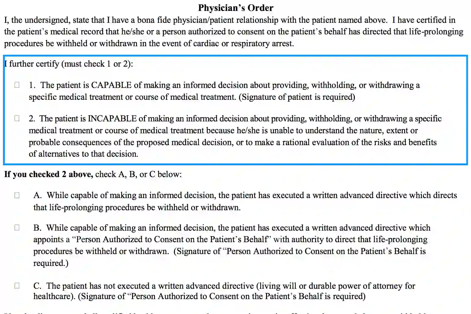 step 2.1 to filling out the virginia dnr form have a physician specify the patients health status