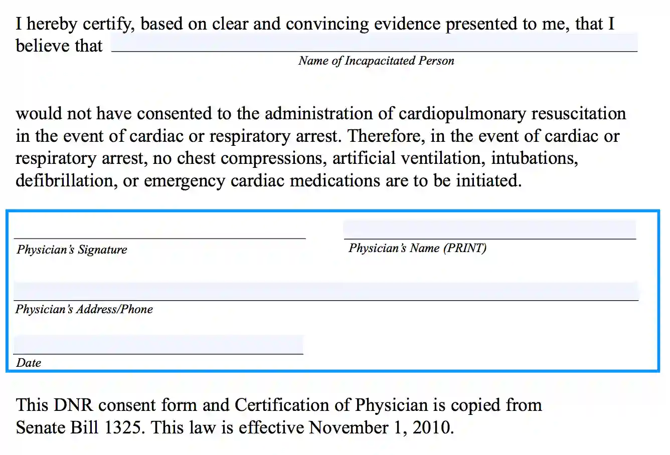 step 2.2 to filling out the oklahoma dnr form - enter the physicians information