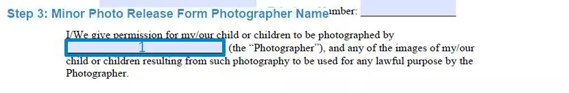 Step 3 to filling out a minor photo release example - photographer name