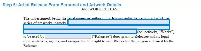 Step 5 to filling out an artist release example - personal and artwork details