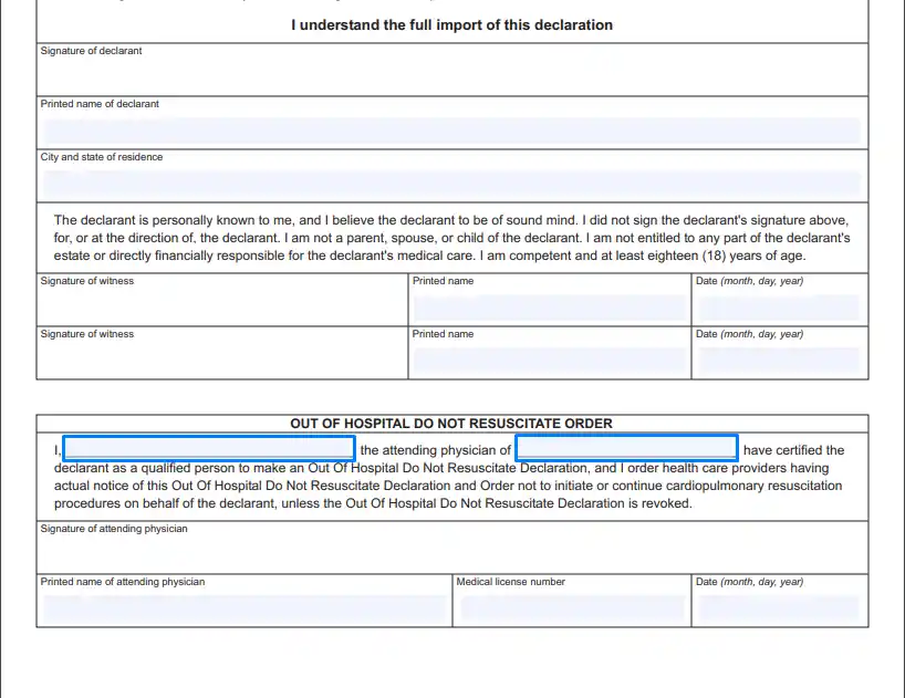 step 5 to filling out the indiana dnr form write in the names of the physician and the patient