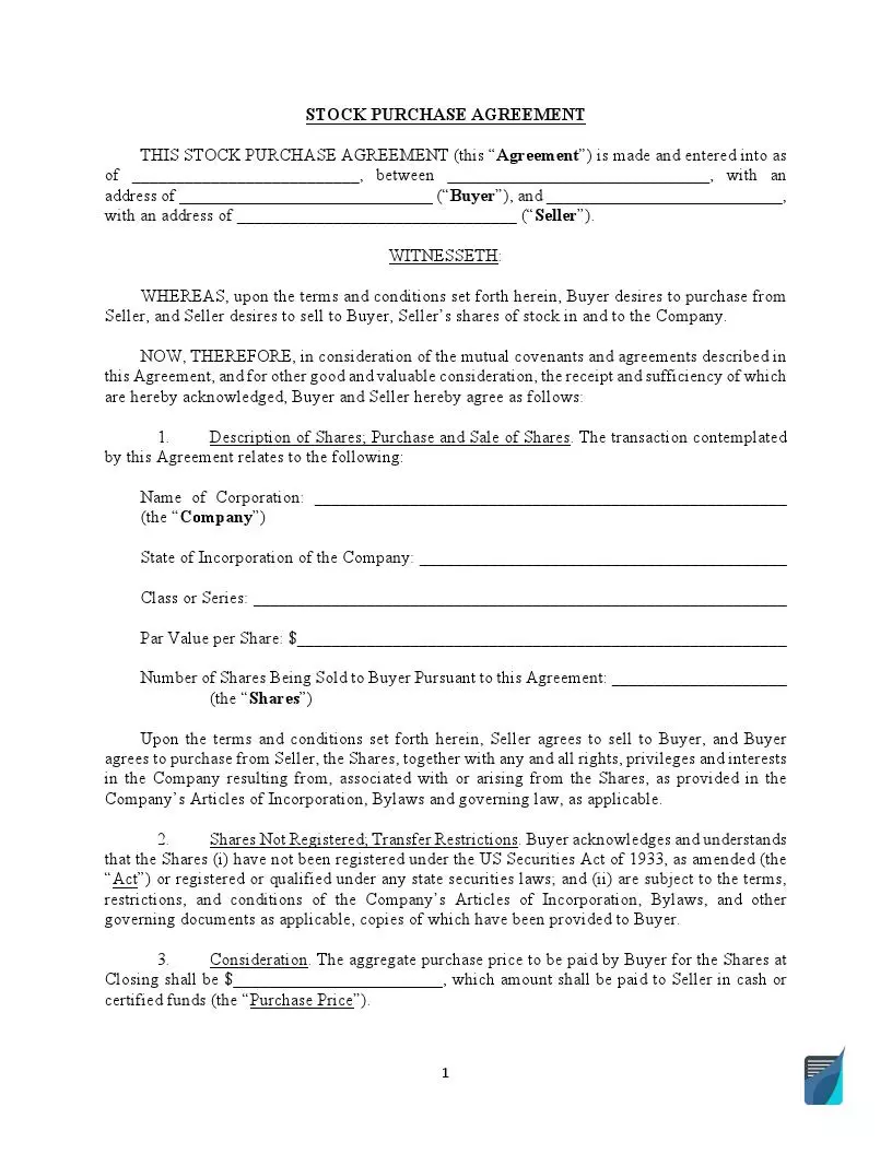 stock purchase agreement form