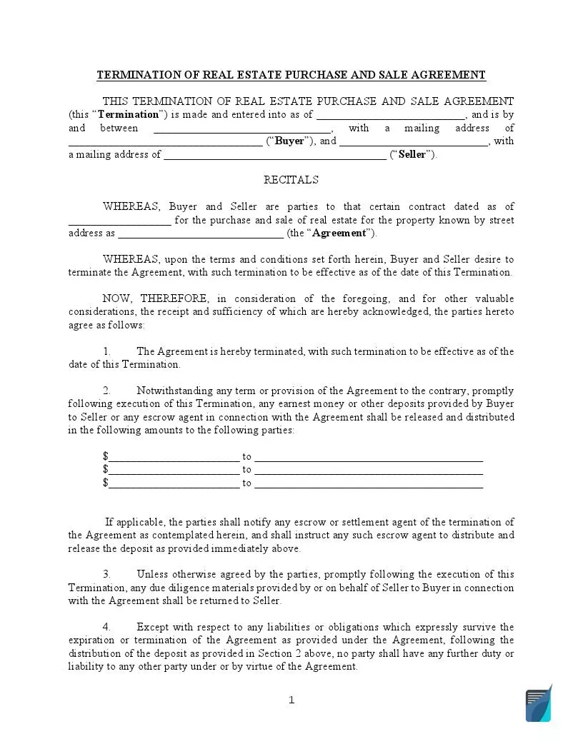 termination of real estate purchase and sale agreement form