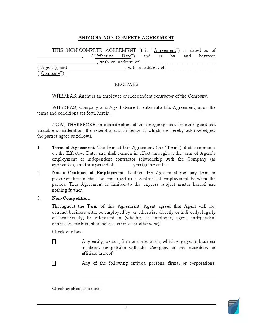 Arizona Non-Compete Agreement Form