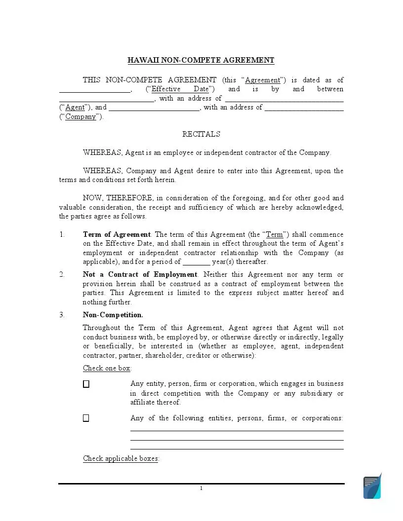 Hawaii Non-Compete Agreement Form