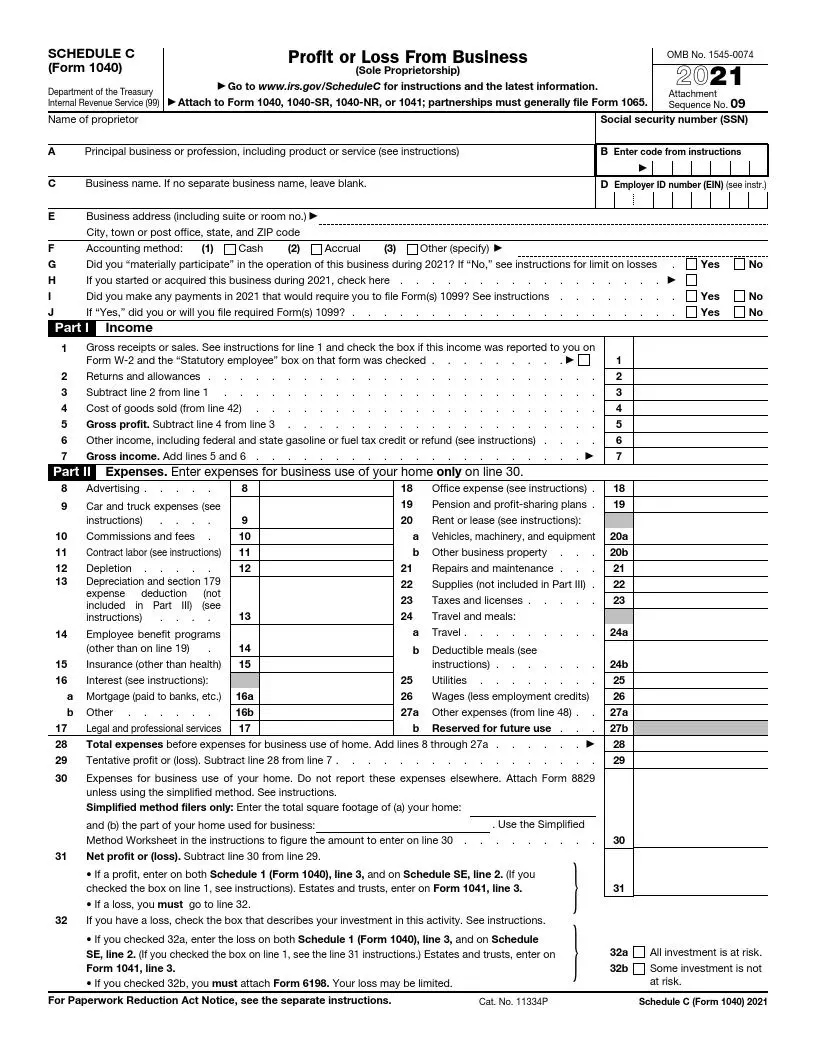 IRS schedule C form 1040 2021