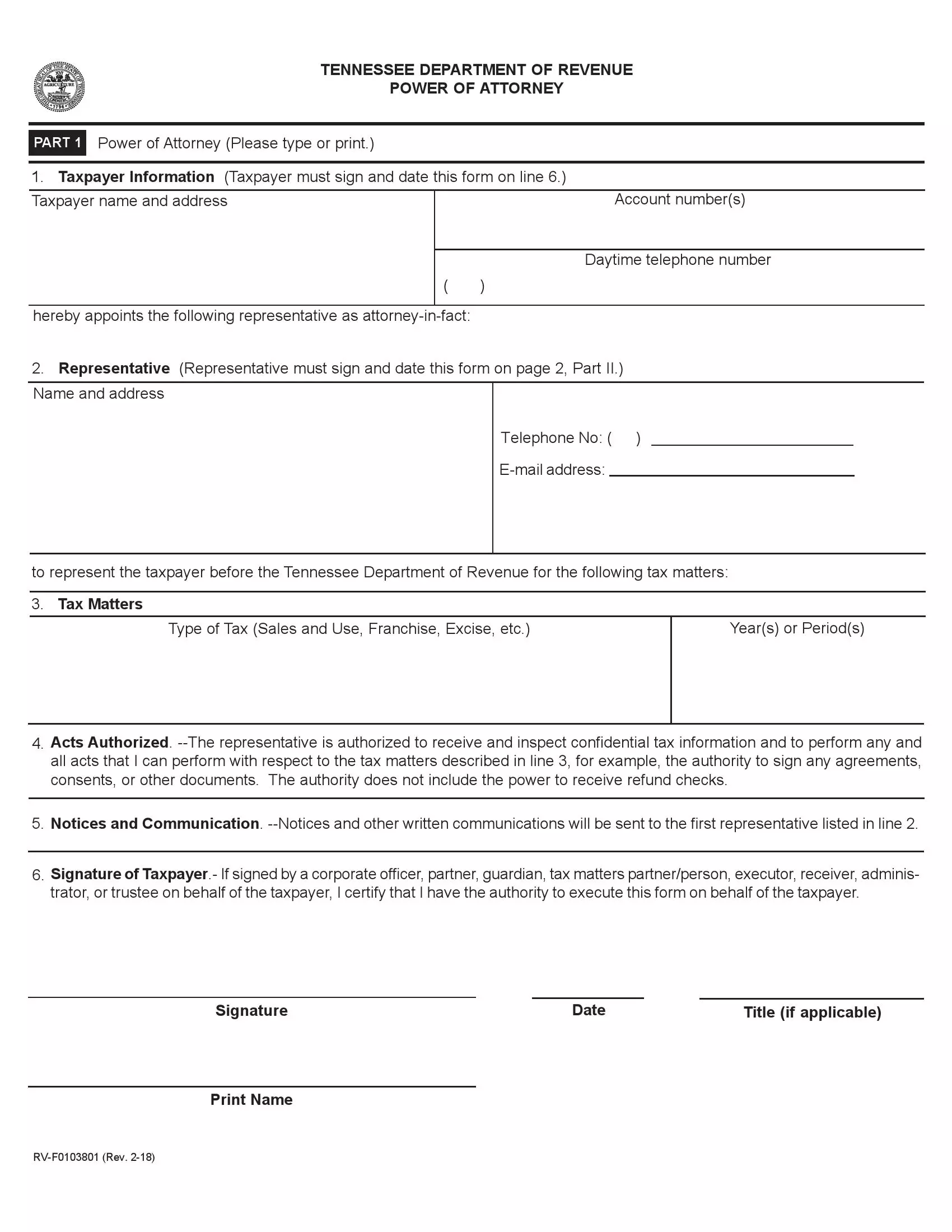 tennessee Tax Power of Attorney (Form RV F0103801) preview