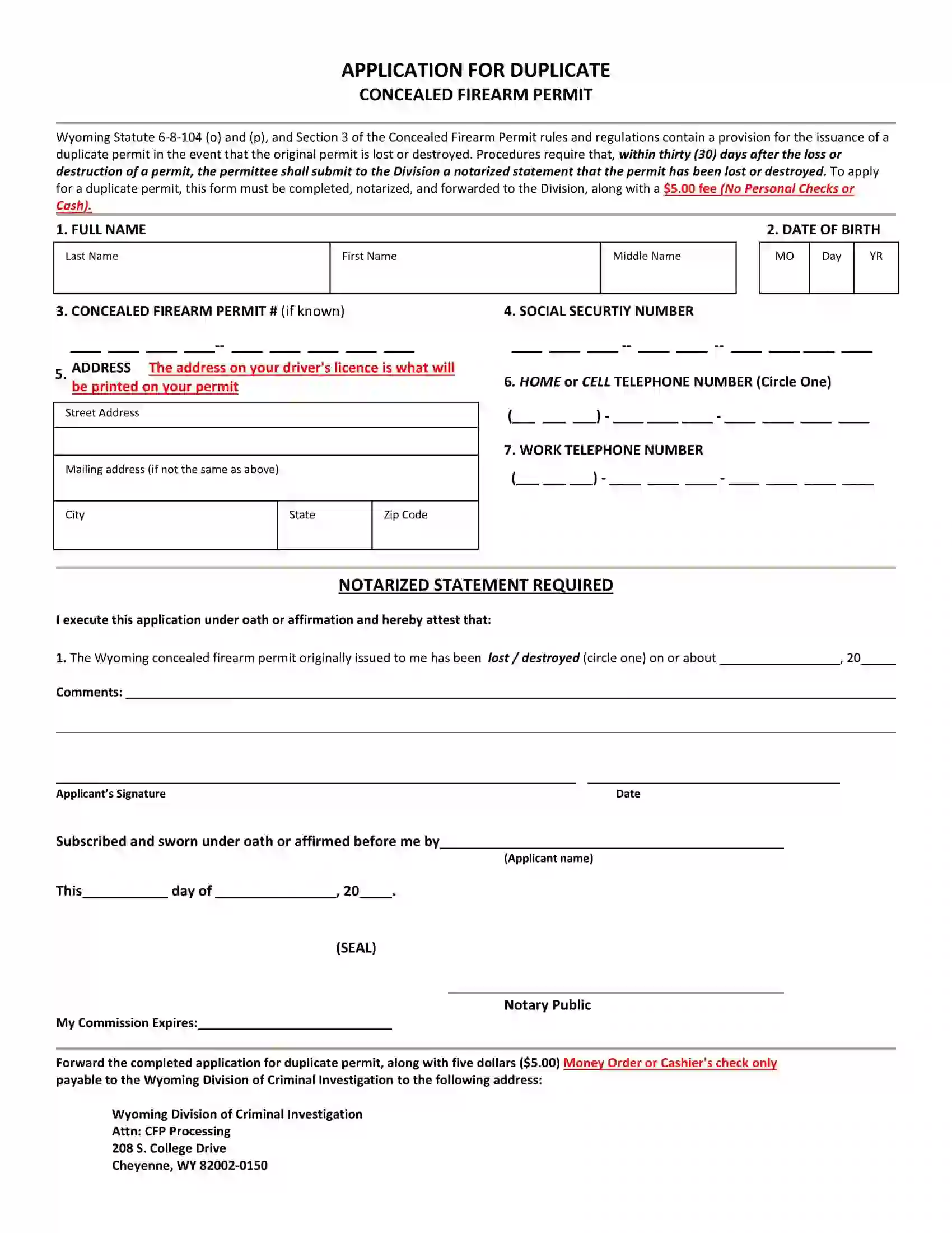 Concealed Weapon Permit Duplicate Application