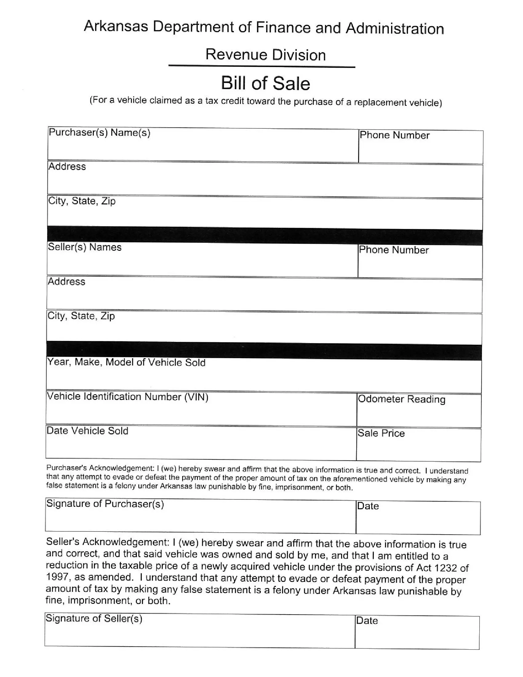 Bill of Sale (Credit for Vehicle Sold)