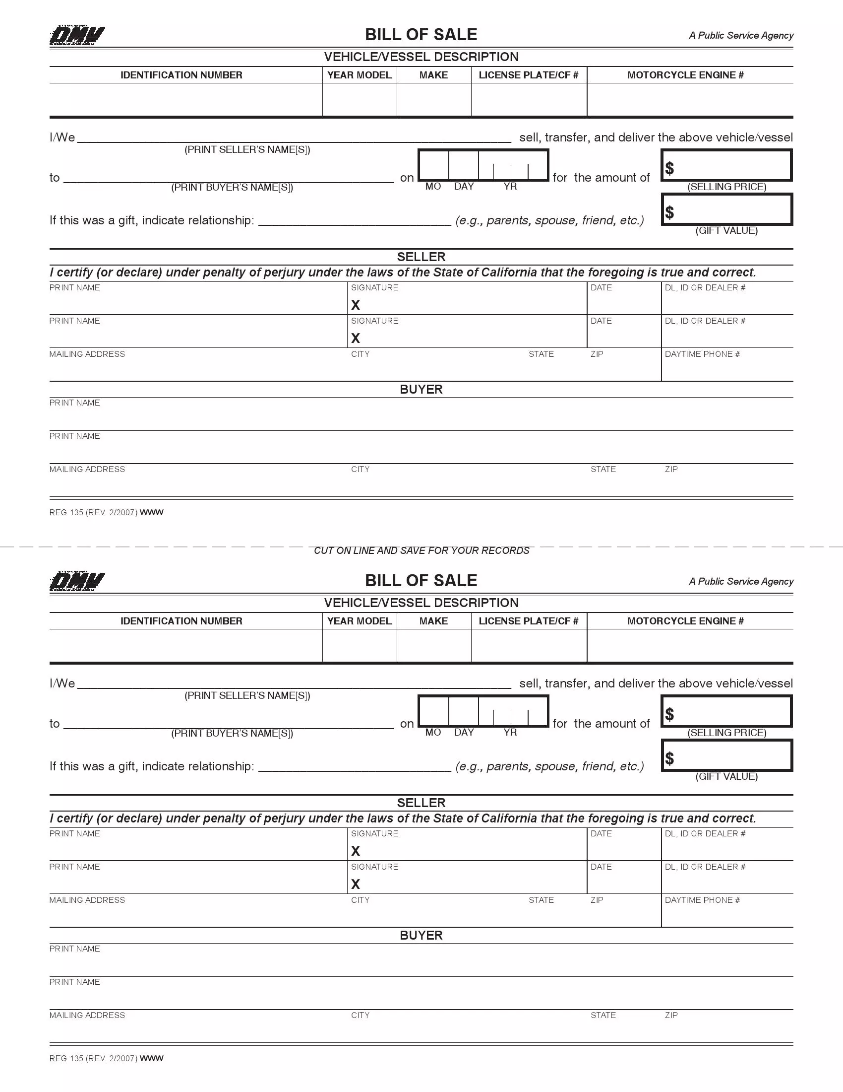 (Vehicle) Form REG 135